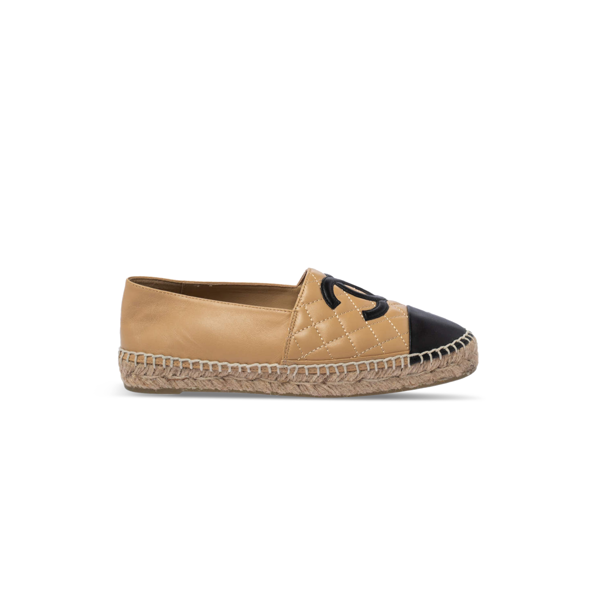 CHANEL BEIGE BLACK LEATHER ESPADRILLE FLATS G29762 
